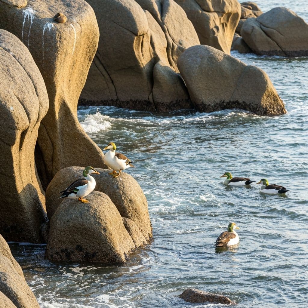 Eider ducks on rocky danish island coast