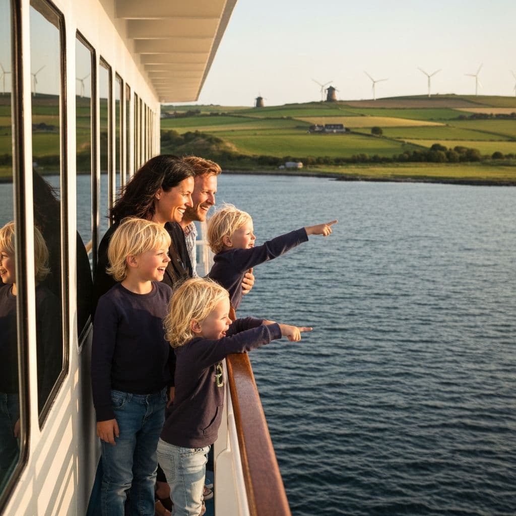 Happy family with children on ferry boat looking a