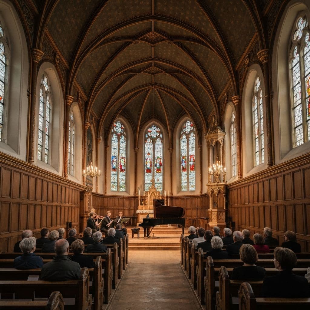 Small historic danish church interior with concert